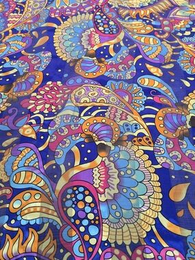 Colorful Psychedelic Floral Scarf 41.5 Square Blue Sheer Y2K Retro Festival